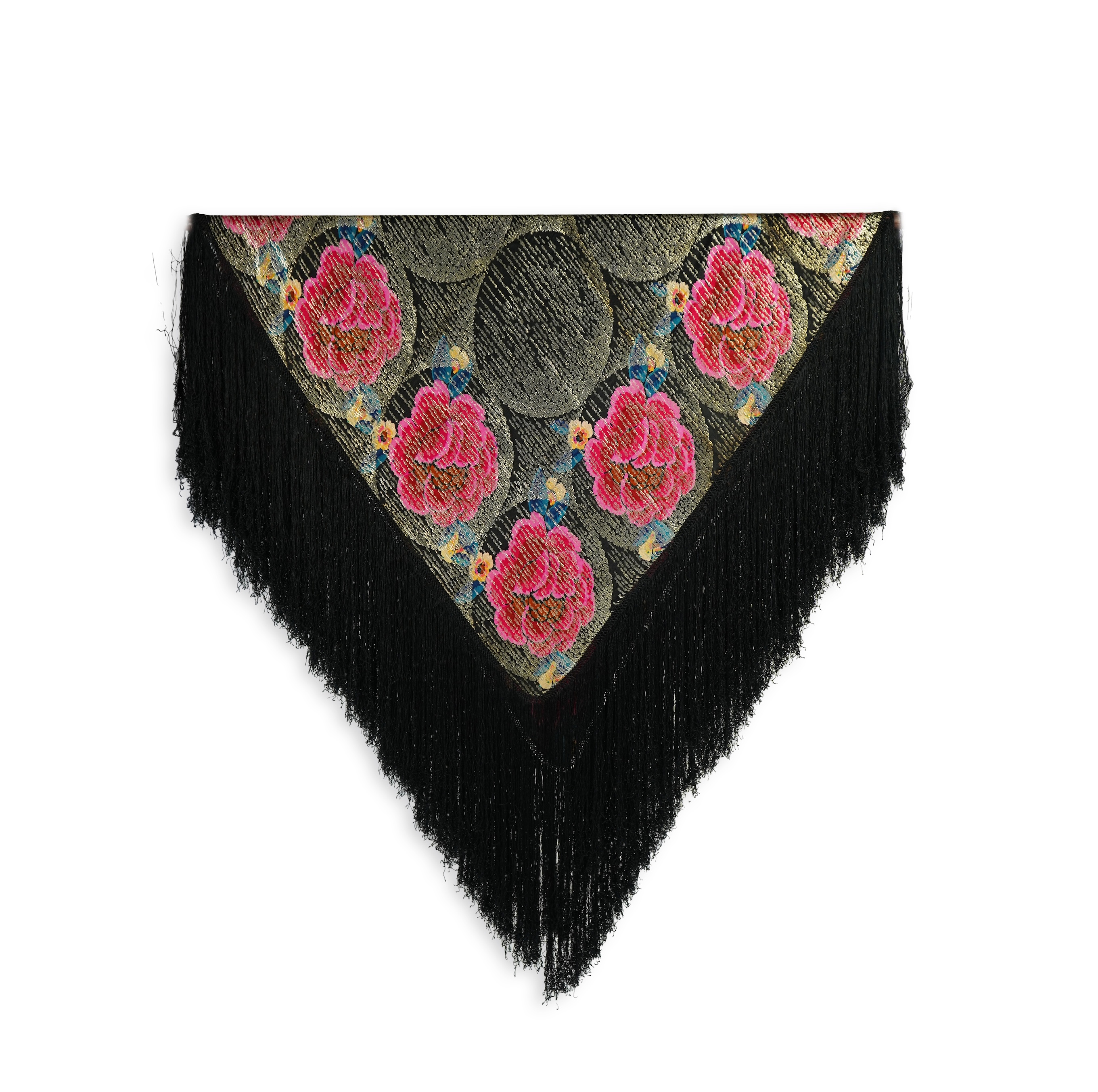 A 1930's ‘jazz age’ black and coloured silk lame evening shawl. Woven with giant pink and red roses and silver thread stripes, edged with long silk fringing. 118cm x 123cm. Condition - colours and silk strong. Fringing g